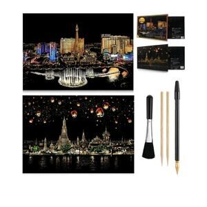 2 Pack Scratch Art Rainbow Painting Paper, Sketch Pad DIY Night View...